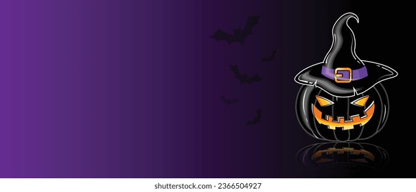 Vector 3D Style Scary Smiling Halloween Pumpkin on Dark black and Purple Gradient Background 3D Cartoon Pumpkin illustration with creepy face expression Happy Halloween Trick or Treat Banner Template