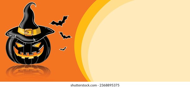 Vector 3D Style Scary Smiling Halloween Pumpkin on Dark black and Orange Color Background 3D Cartoon Pumpkin illustration with creepy face expression Happy Halloween Trick or Treat Banner Template