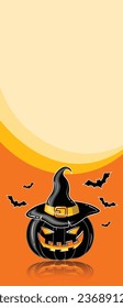 Vector 3D Style Scary Smiling Halloween Pumpkin on Dark black and Orange Color Vertical Backdrop Cartoon Pumpkin illustration with creepy face expression Happy Halloween Trick or Treat Banner Template