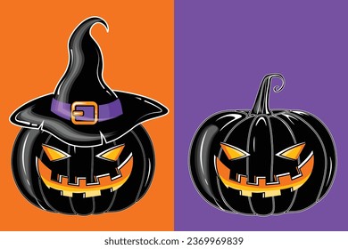 Vector 3D Style Scary Smiling Halloween Pumpkins on Different Colors Backgrounds 3D Cartoon Pumpkin illustration with creepy face expression Happy Halloween Trick or Treat Poster Design.