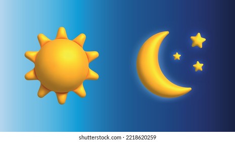 Estilo vectorial 3d conjunto de ilustración simple amarillo sol y luna sobre fondo azul cielo