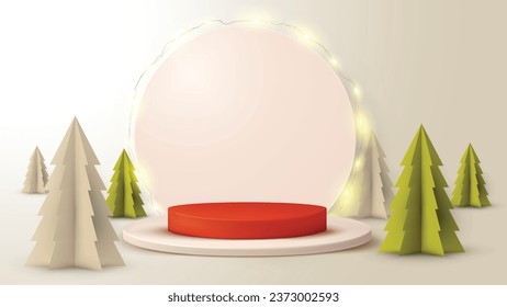 Estilo vectorial 3d de podio blanco con fondo rojo y árboles de navidad de origami.