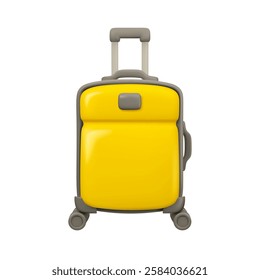 Vector 3d suitcase icon. Cartoon luggage bag with wheels and handle for vacation trip. Baggage in airport or cruise isolated on white background