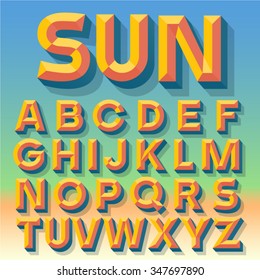 Vector 3D summer simple bold beveled alphabet with shadow. Multicolored version.