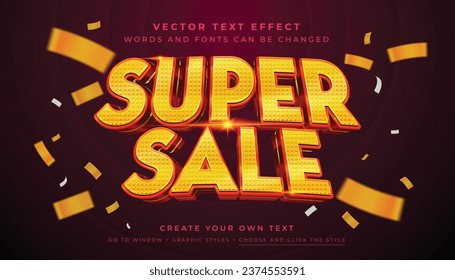 Vector 3D Super Sale text effect. Mega promotion shiny graphic style on abstract confetti background