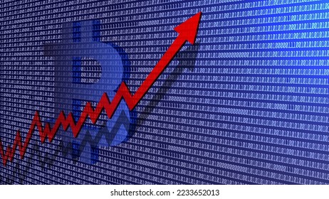 Vector 3d symbol of the Bitcoin cryptocurrency with an arrow chart showing the increase in the value of assets against the background of many numbers.
