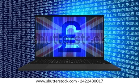 Vector 3D symbol of digital pound of England or Great Britain. Bright glowing high technology financial poster. Mobile computer. Cyber economic virtual space.