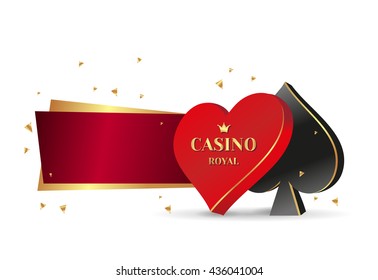 vector 3D symbol playing cards clubs and spades. Banner casino Royal with golden highlights. vector illustration ribbon casino Royal