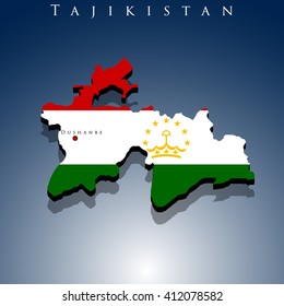vector 3d Tajikistan map with a flag on a blue background, EPS 10