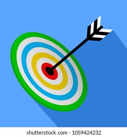 Vector 3d Target - Bullseye with Arrow - Dart on Blue Background with long shadow. Business Success Symbol.