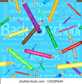 Vector 3d text background with pencils on blue
