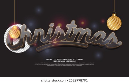 Efeito de texto vetor 3d natal com uma cor dourada escura e brilhante nas letras e um fundo cinza