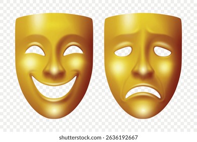 Conjunto de máscaras de teatro 3d vetorial. Rostos Tristes e Felizes Realistas. Comédia Clássica e Máscara de Teatro da Tragédia em Ouro. Símbolo de Drama para Agir, Performance, Festival, Carnaval, Show de Palcos, Mascarar Arte