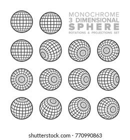 Vector 3d (three dimensional) monochrome sphere rotations and projections set