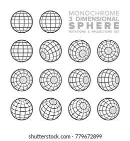 Vector 3d (three dimensional) monochrome sphere rotations and projections set