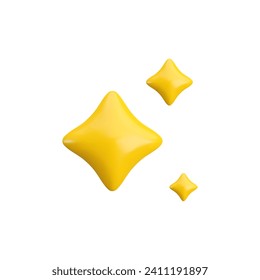 Vector 3d three gold star sparkling icon on white background. Cute realistic cartoon 3d render, glossy yellow four pointed sparkle stars concept for magic sparkle decoration, web, game design, app.