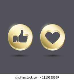 Vector 3D Thumb Up Gold icons abstract illustration isolated on dark background. Design elements for Web, Internet, App, Analytics, Promotion, Marketing, SMM, CEO, Business