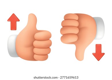 Vector 3d Thumbs Up And Thumbs Down. Like and Dislike Hand Gestures Isolated. Approval and Rejection Symbols with Up and Down Arrows. Rating Feedback Design