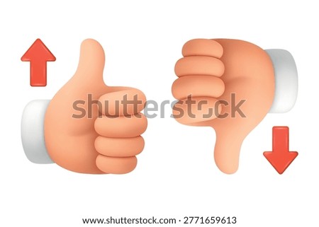 Vector 3d Thumbs Up And Thumbs Down. Like and Dislike Hand Gestures Isolated. Approval and Rejection Symbols with Up and Down Arrows. Rating Feedback Design