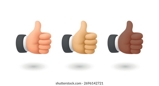 Vector 3d Pulgares Arriba Mano Icon Set. Como Símbolo de gesto, Signo de Aprobación, OK Comentarios positivo, Reacción de medios sociales. Diferentes Manos De Tono De Piel. Acuerdo, Ilustración vectorial de Asistencia