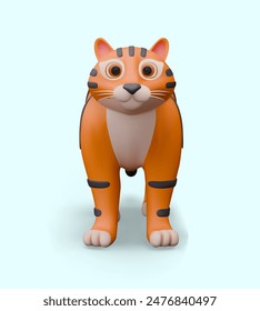 Vector 3D tiger, front view. Predator from cat family. Wild furry striped animal