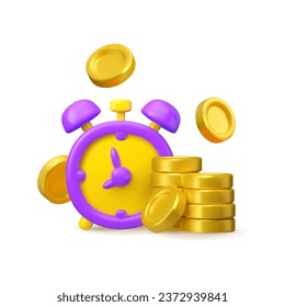 Vector 3d time is money concept icon. Payment idea. Alarm clock with golden flying coins isolated on white background