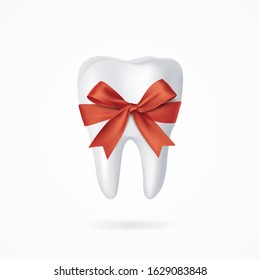 vector 3d tooth on white background with red bow