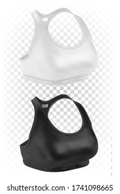 Vector 3d top bracer in black and white. Sportswear blank clean template for women. Mock up is isolated on a transparent background. Female bust, sports uniform, short realistic top.