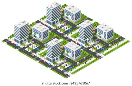 Vector 3d top view block dormitory area. Isometric map, landscape city, building skyscraper,  parks, cafe, landmarks. 