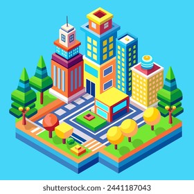 Vector 3d top view block dormitory area. Isometric map, landscape city, building skyscraper,  parks, cafe, landmarks