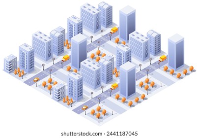 Vector 3d top view block dormitory area. Isometric map, landscape city, building skyscraper,  parks, cafe, landmarks