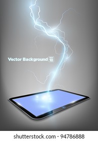 Vector 3d touch tablet model with blue shine lightning flash. Part of technical gadget set.