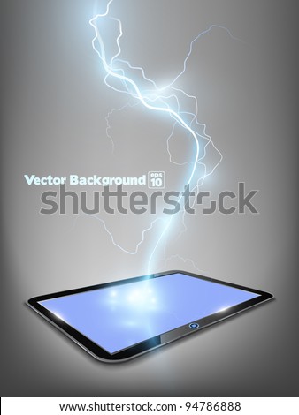 Vector 3d touch tablet model with blue shine lightning flash. Part of technical gadget set.