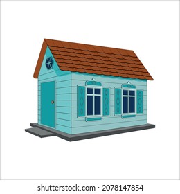 Vector 3D toy house with a door, 2 windows, tiled roof. Color illustration of a volumetric one-story house.