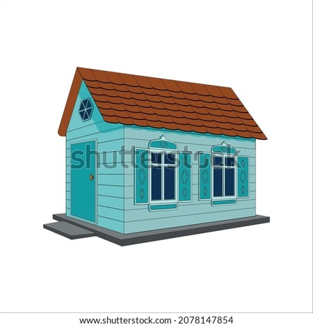 Vector 3D toy house with a door, 2 windows, tiled roof. Color illustration of a volumetric one-story house.