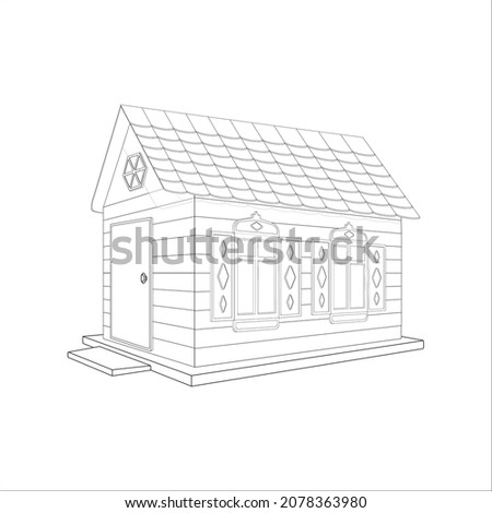 Vector 3D toy house with a door, 2 windows, tiled roof. Black and white outline illustration of a volumetric one-story house.