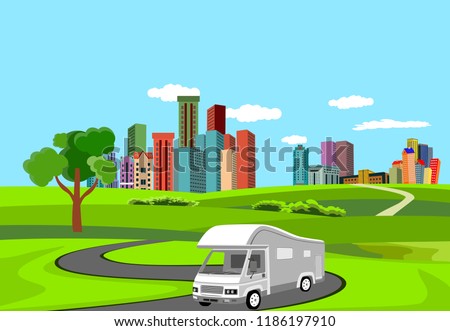 Vector 3d trailer automobill driving on road, countryside, city buldings on background, vector concept illustration