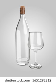 Vector 3d Transparent Wine Glass and Bottle Illustration