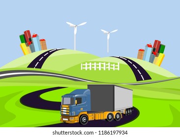 Vector 3d truck automobill driving on road, countryside, green hills, city buldings on background, vector illustration