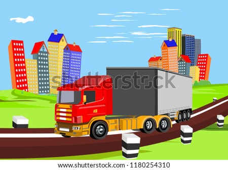 Vector 3d truck automobill driving on hihgway, countryside, city buldings on background, vector illustration