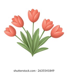 Vector 3d Tulip Clipart. Tulip Flower, Tulip Bouquet. Red Tulips with Green Leaves for Spring Design, Floral Poster, Wedding Card, Mothers Day Graphic, Nature Banner, Wall Art. Vector Illustration