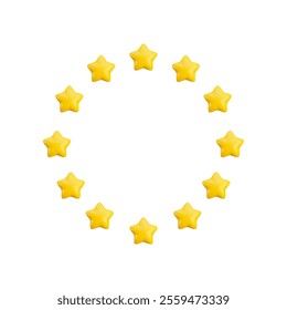 Vector 3d twelve gold sparkling stars round composition on white background. Cute realistic cartoon 3d starry EU wreath, 12 yellow shining stars in circle, European flag golden sign illustration.