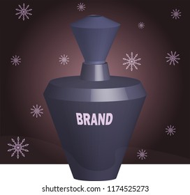 Vector 3d unique beautiful decorative realistic bottle flacon perfume scent glass jar. Exclusive luxury volumetric three-dimensional magic elixir vial isolated on winter background falling snow flakes