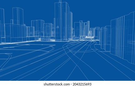 Vector 3d urban landscape. Buildings and roads. Architectural concept. Vector rendering of 3d