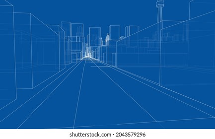 El paisaje urbano vectorial 3d. Edificios y carreteras. Concepto arquitectónico. Representación vectorial de 3d
