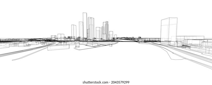 Vector 3d urban landscape. Buildings and roads. Architectural concept. Vector rendering of 3d