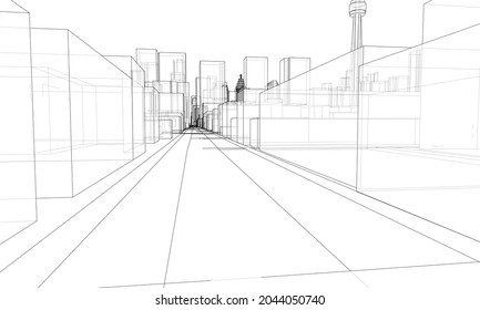 Vector 3d urban landscape. Buildings and roads. Architectural concept. Vector rendering of 3d