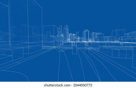 Vector 3d urban landscape. Buildings and roads. Architectural concept. Vector rendering of 3d