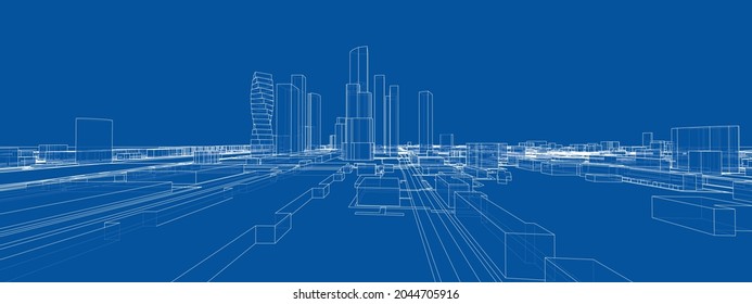 Vector 3d urban landscape. Buildings and roads. Architectural concept. Vector rendering of 3d