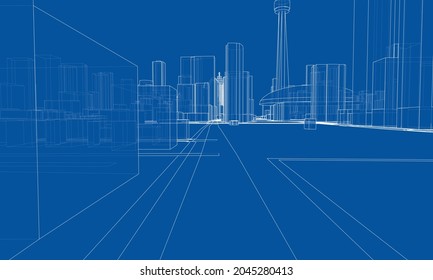 Vector 3d urban landscape. Buildings and roads. Architectural concept. Vector rendering of 3d